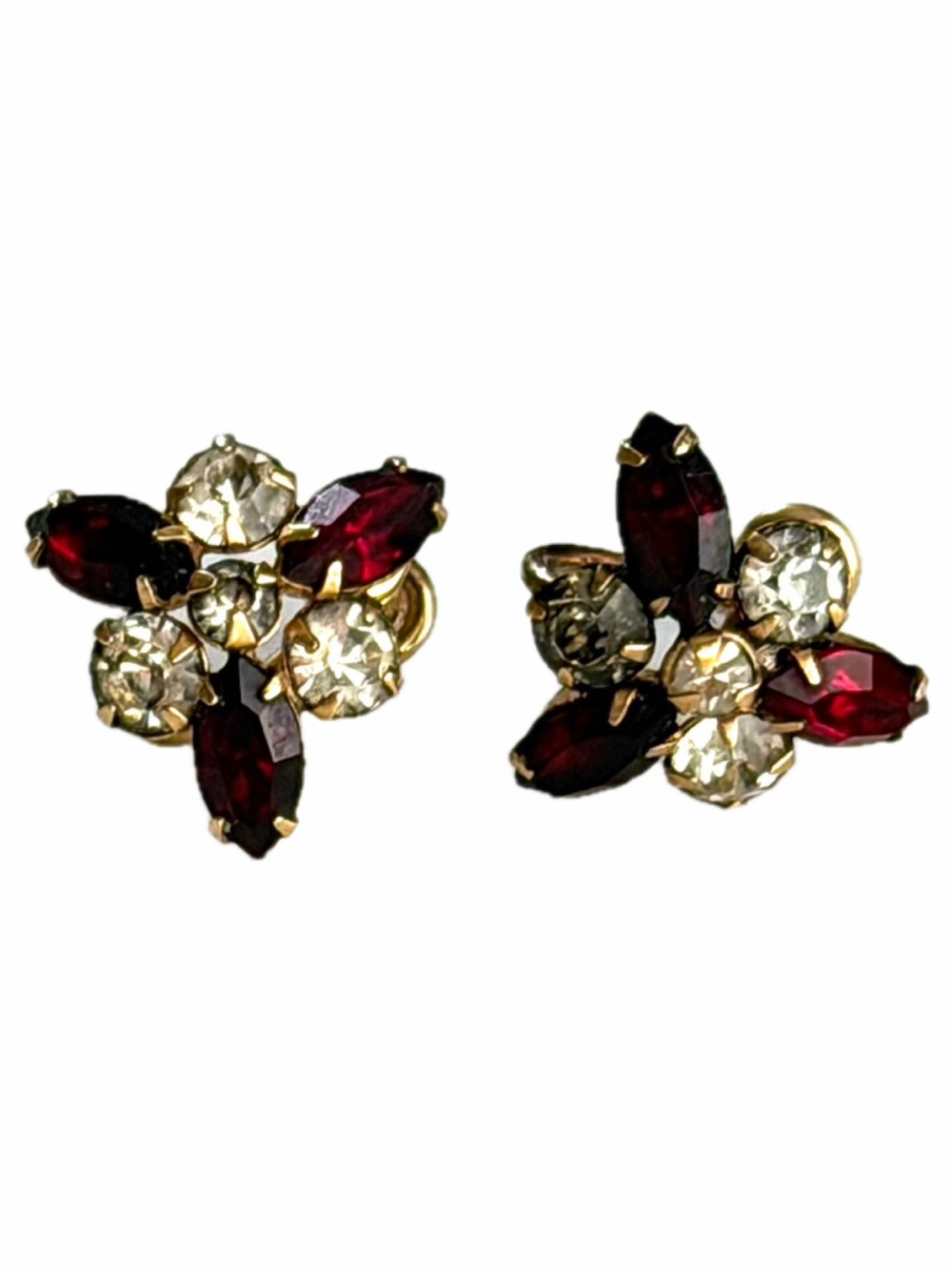 Vintage 1950’s Phyllis 12kgf Red and Clear Stones  Pierced Scew BaSet of Earring